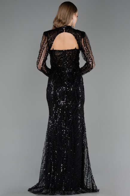 Abendkleid Lang Perlenbesetzt Schwarz ABU6564