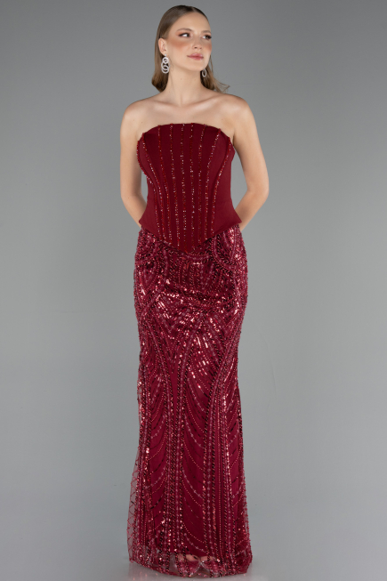 Abendkleid Lang Perlenbesetzt Weinrot ABU6567