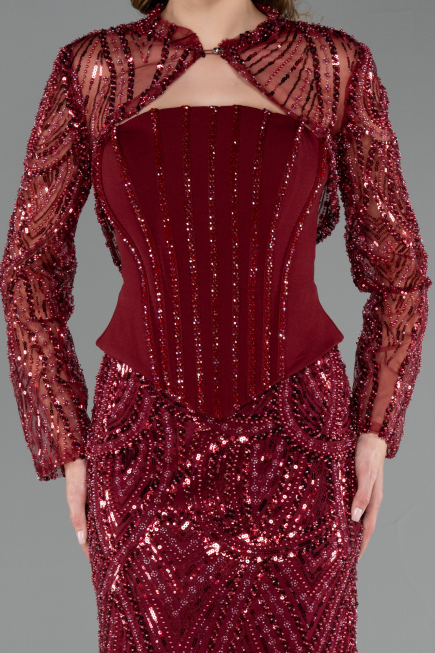 Abendkleid Lang Perlenbesetzt Weinrot ABU6567