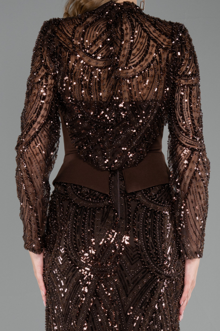 Abendkleid Lang Perlenbesetzt Dunkelbraun ABU6567