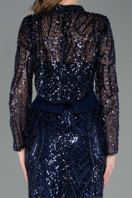Abendkleid Lang Perlenbesetzt Marineblau ABU6567