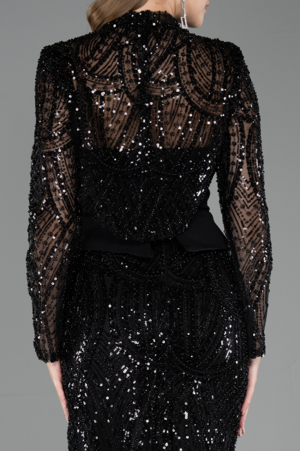 Abendkleid Lang Perlenbesetzt Schwarz ABU6567