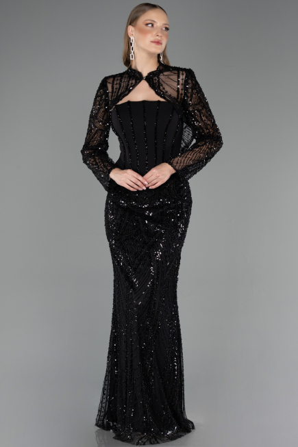 Abendkleid Lang Perlenbesetzt Schwarz ABU6567