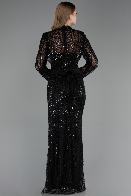 Abendkleid Lang Perlenbesetzt Schwarz ABU6567