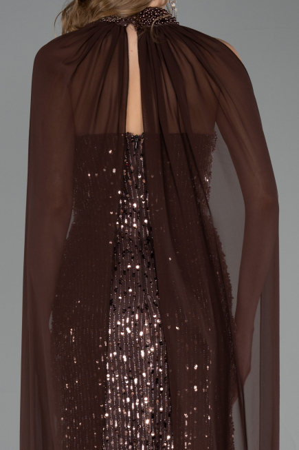 Abendkleid Lang Perlenbesetzt Hellbraun ABU6569