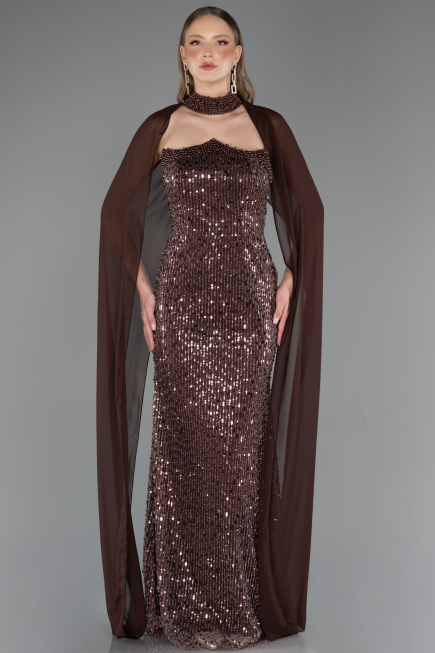 Abendkleid Lang Perlenbesetzt Hellbraun ABU6569