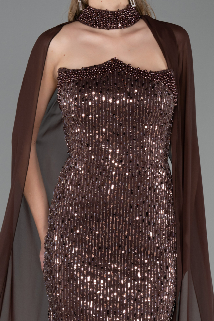 Abendkleid Lang Perlenbesetzt Hellbraun ABU6569