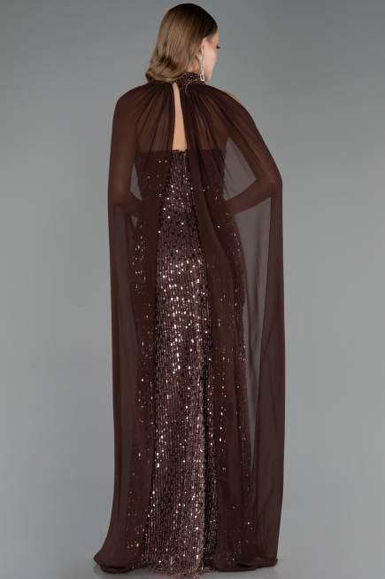 Abendkleid Lang Perlenbesetzt Hellbraun ABU6569