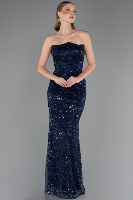 Abendkleid Lang Perlenbesetzt Marineblau ABU6569