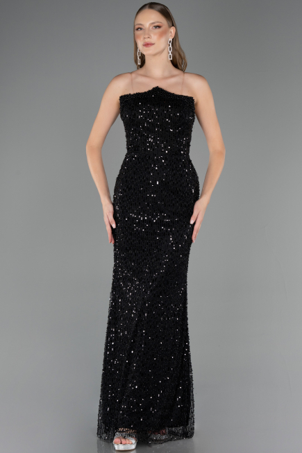 Abendkleid Lang Perlenbesetzt Schwarz ABU6569