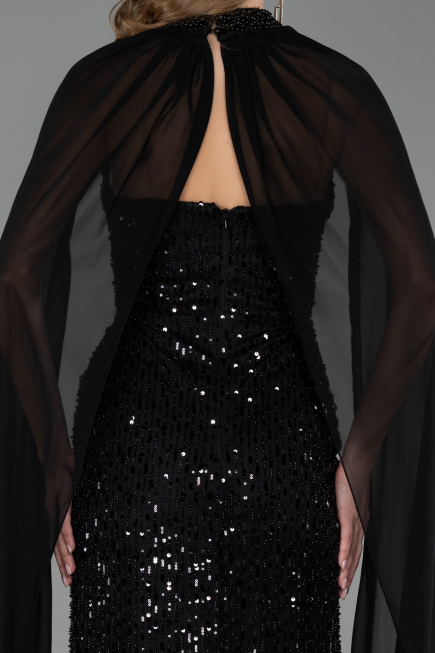 Abendkleid Lang Perlenbesetzt Schwarz ABU6569