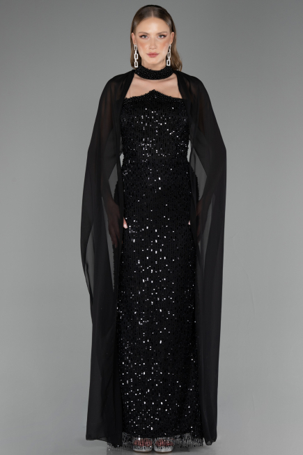Abendkleid Lang Perlenbesetzt Schwarz ABU6569
