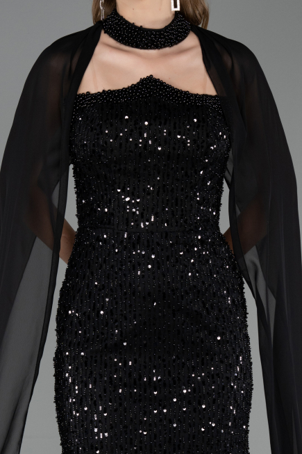 Abendkleid Lang Perlenbesetzt Schwarz ABU6569