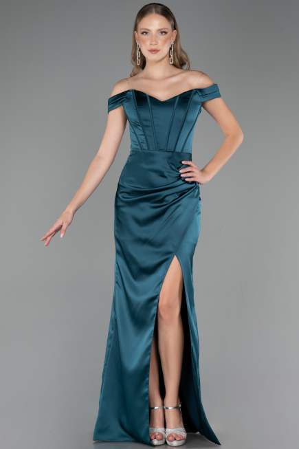 Abendkleid im Meerjungfrau-Stil Lang Satin Petrolgrün ABU6574