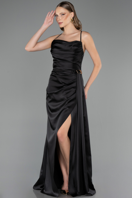 Abschlusskleid Lang Satin Schwarz ABU6584