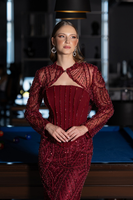 Abendkleid Lang Perlenbesetzt Weinrot ABU6567