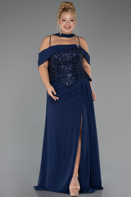 Abendgarderobe in Großen Größen Lang Chiffon Marineblau ABU6274