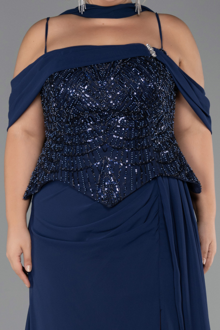 Abendgarderobe in Großen Größen Lang Chiffon Marineblau ABU6274