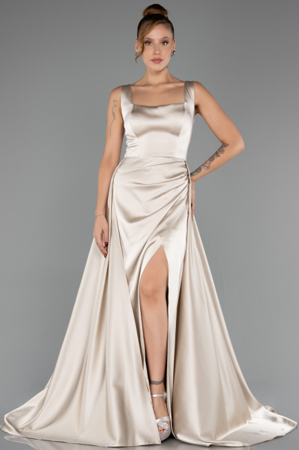 Abschlusskleid Lang Satin Beige ABU6572