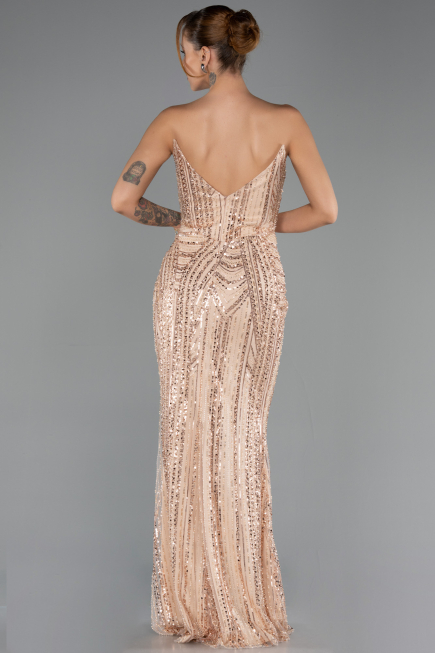Abendkleid Lang Perlenbesetzt Gold ABU6433