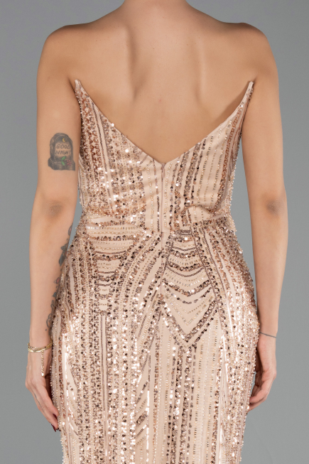 Abendkleid Lang Perlenbesetzt Gold ABU6433