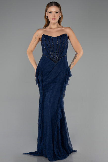 Abendkleid im Meerjungfrau-Stil Lang Spitze Marineblau ABU6621