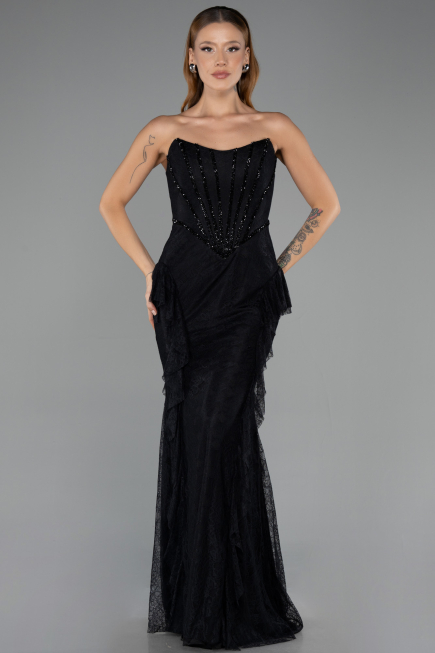 Abendkleid im Meerjungfrau-Stil Lang Spitze Schwarz ABU6621