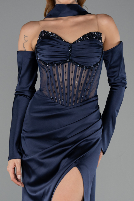 Abendkleid Lang Satin Marineblau ABU6616