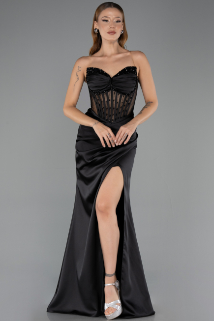 Abendkleid Lang Satin Schwarz ABU6616