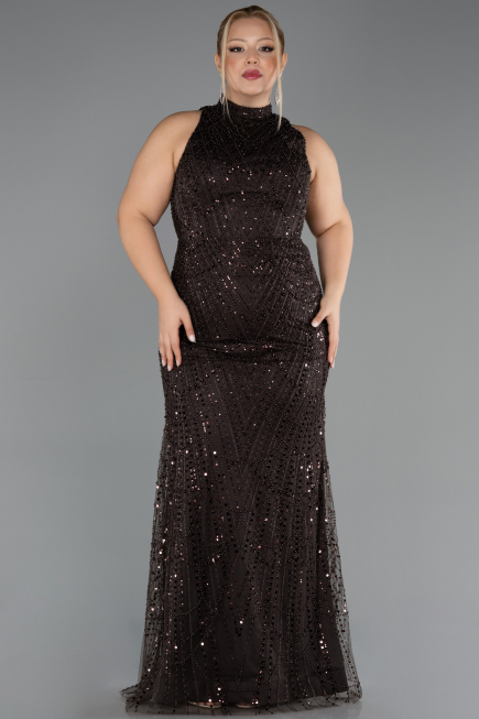 Abendkleid in Übergröße Lang Perlenbesetzt Dunkelbraun ABU5063