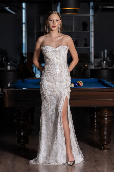 Standesamtkleid Lang Perlenbesetzt Weiß ABU6205