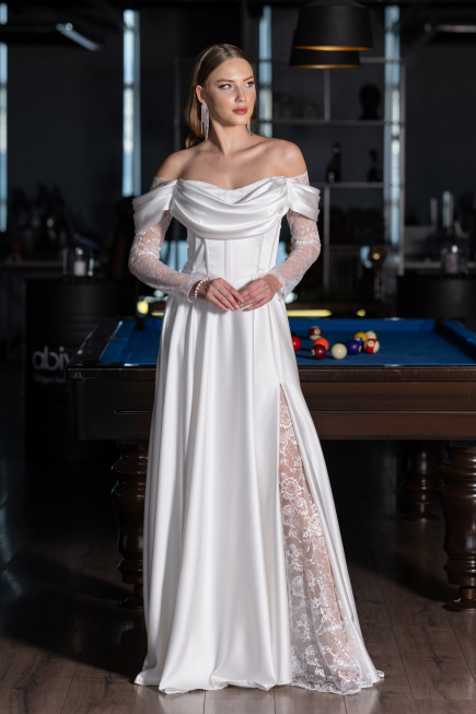 Standesamtkleid Lang Satin Weiß ABU5054