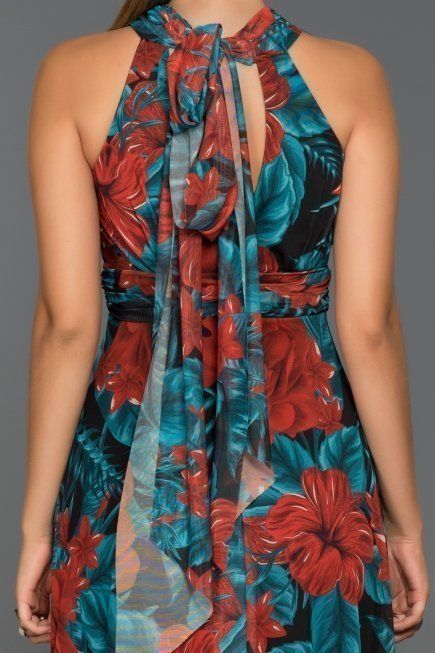 Petrol Yeşili Çiçekli Uzun Abiye Elbise GG6953