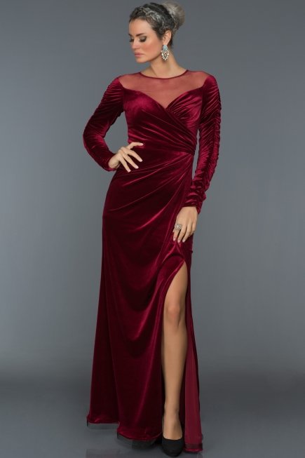 Bordo Yırtmaçlı Uzun Kadife Abiye F4348