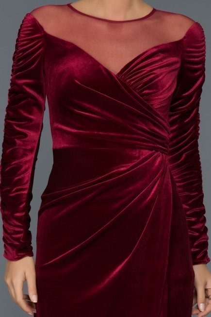 Bordo Yırtmaçlı Uzun Kadife Abiye F4348