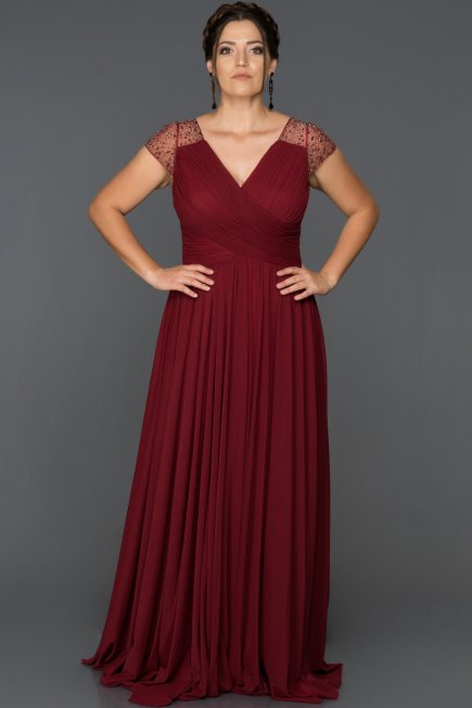 Bordo V Yaka Tüllü Büyük Beden Abiye ABU025