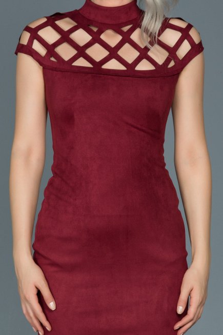 Bordo Lazer Kesim Süet Elbise ABK256