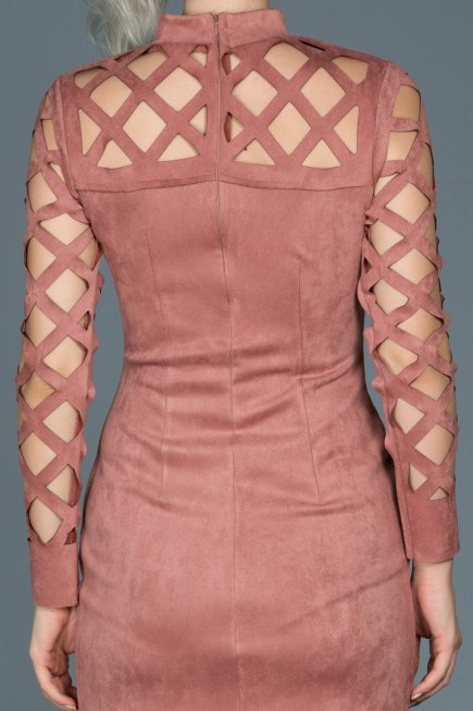 Pudra Lazer Kesim Süet Elbise ABK257
