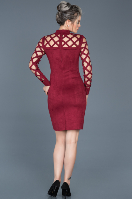 Bordo Lazer Kesim Süet Elbise ABK257