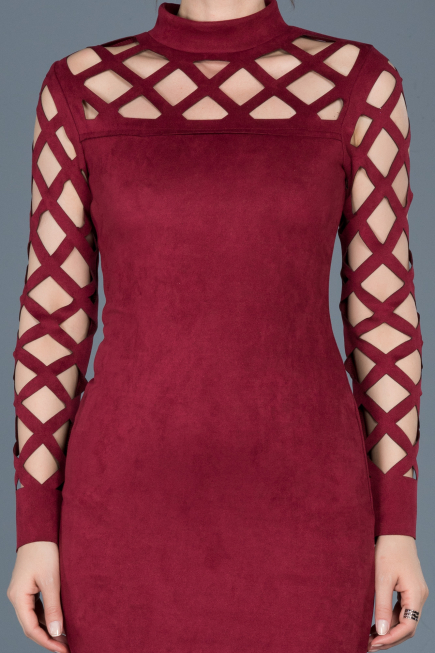 Bordo Lazer Kesim Süet Elbise ABK257