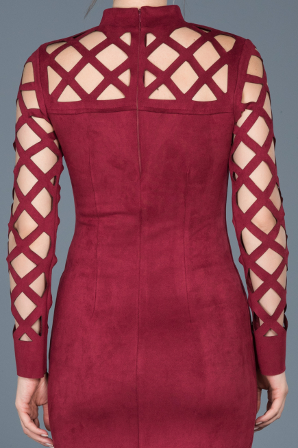 Bordo Lazer Kesim Süet Elbise ABK257